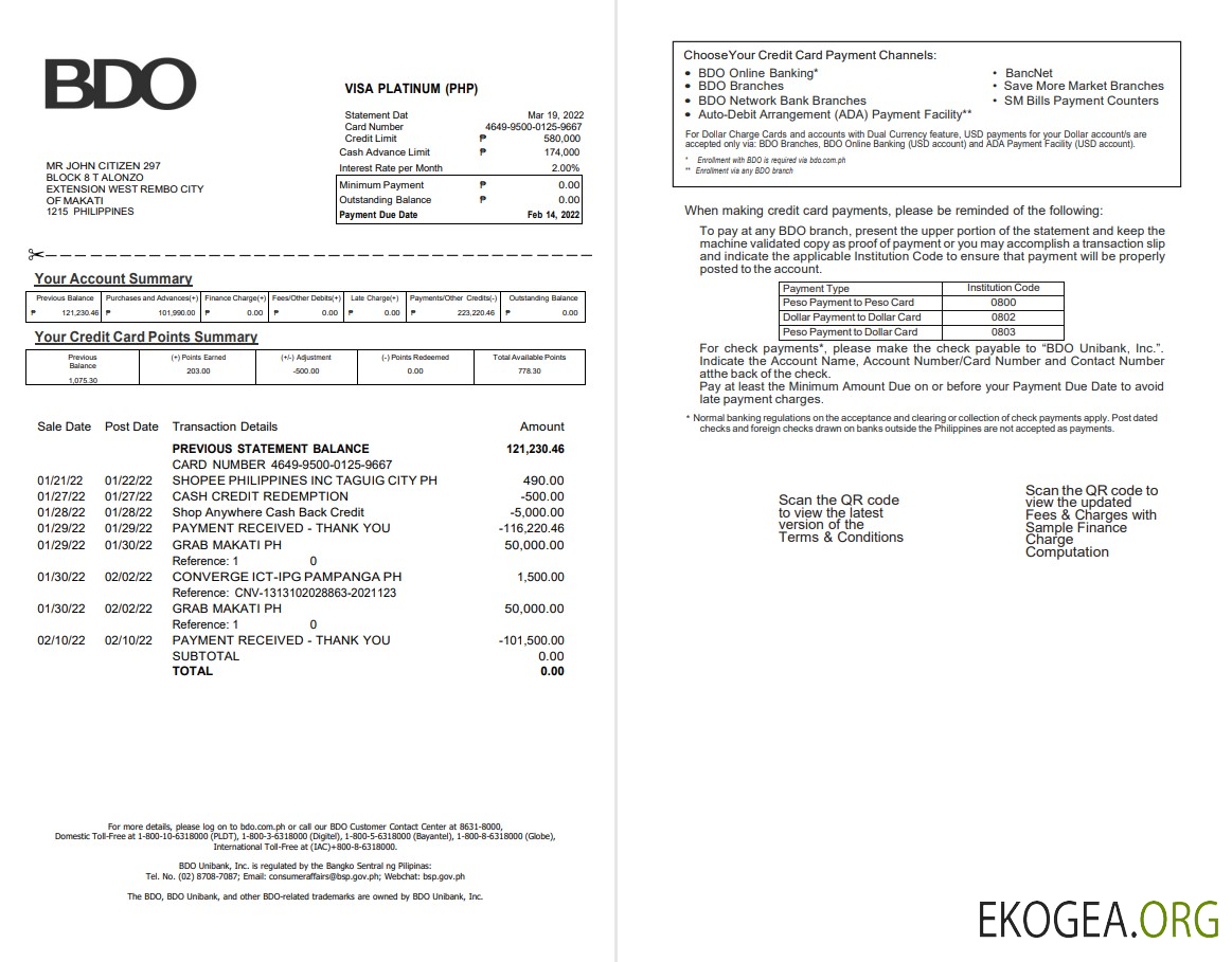Relevé de carte de crédit bancaire BDO Philippines 2 pages